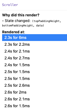 React Profiler performance data captured for the Scroller component