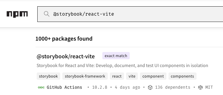 NPM package search results show publisher